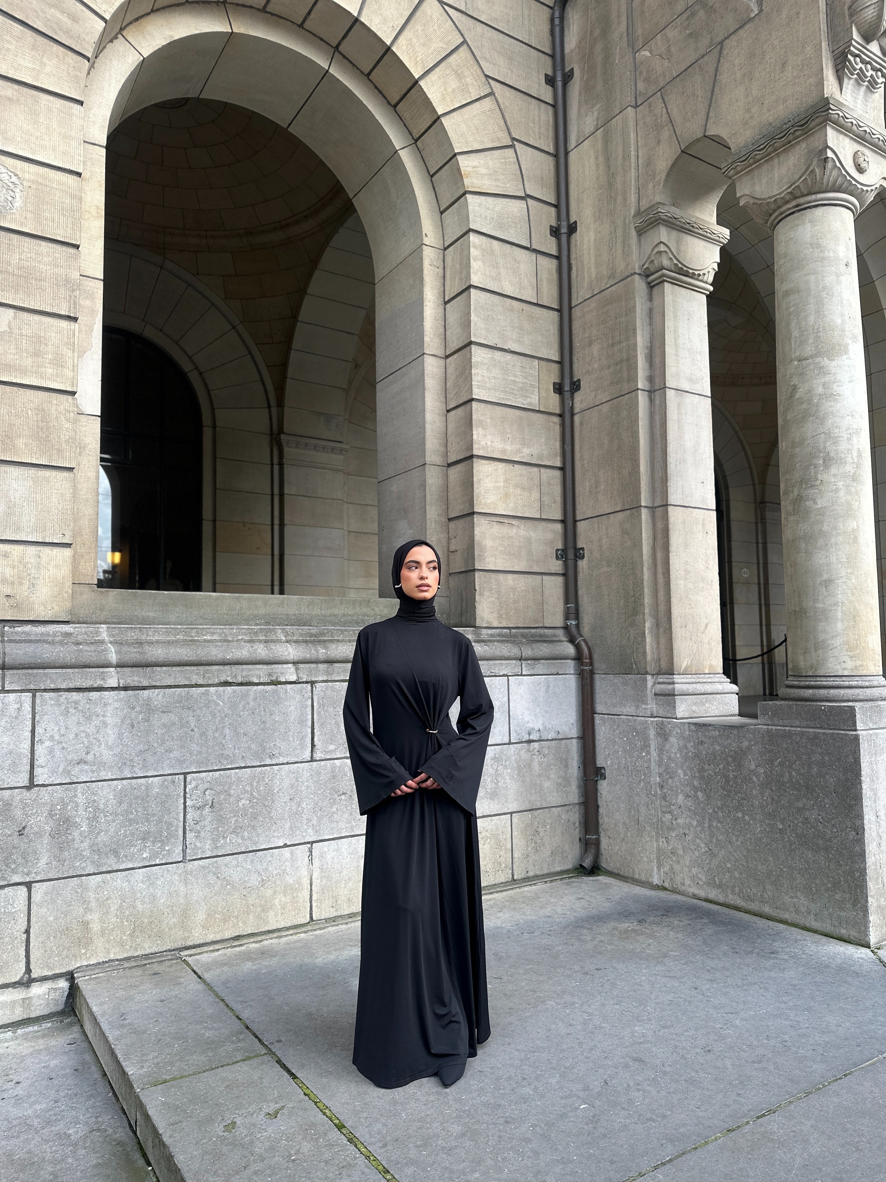 Gathered Black Dress With Gold Ring