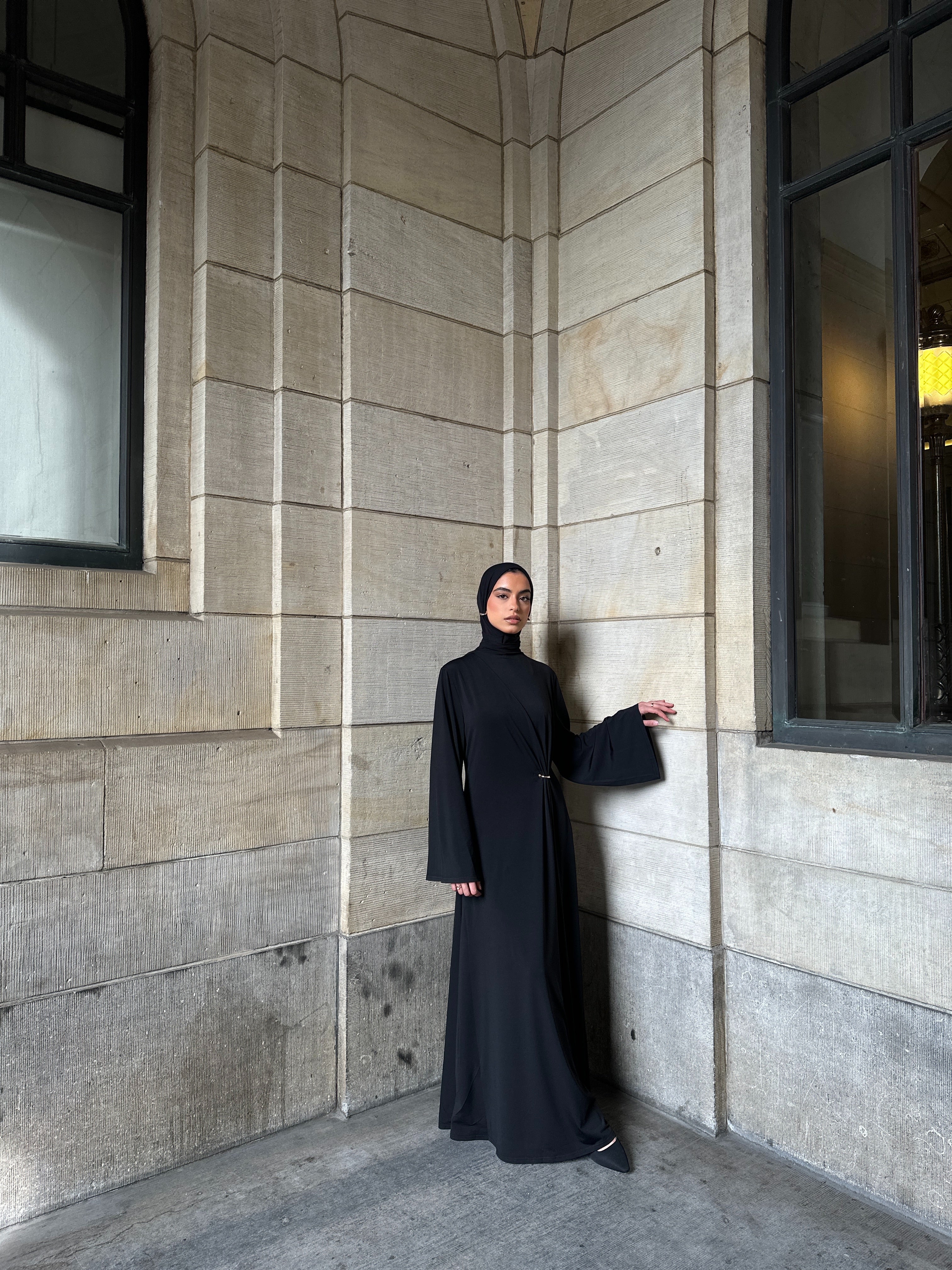 Gathered Black Dress With Gold Ring