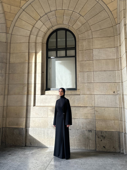 Gathered Black Dress With Gold Ring