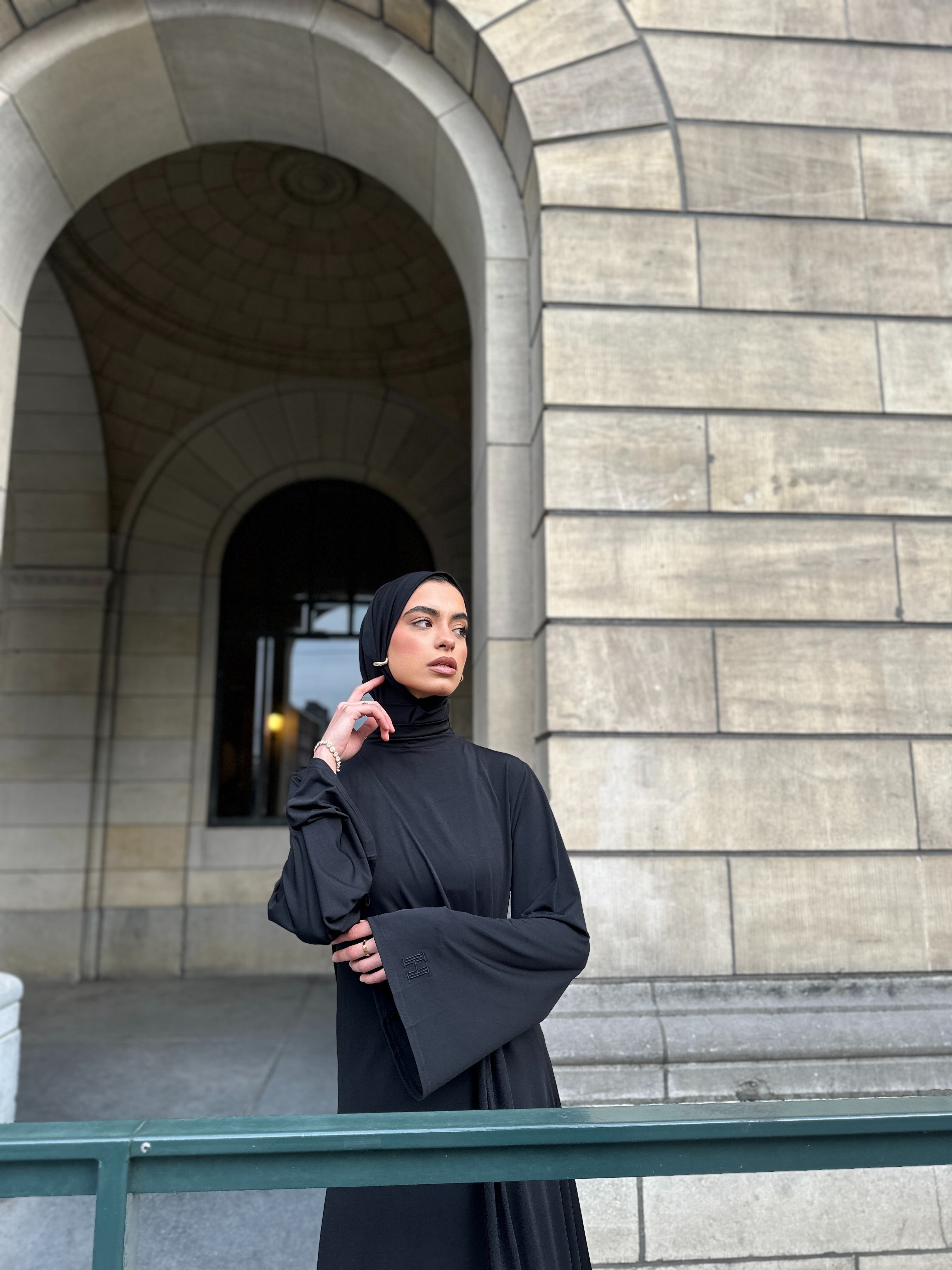 Gathered Black Dress With Gold Ring
