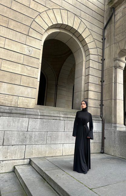 Gathered Black Dress With Gold Ring