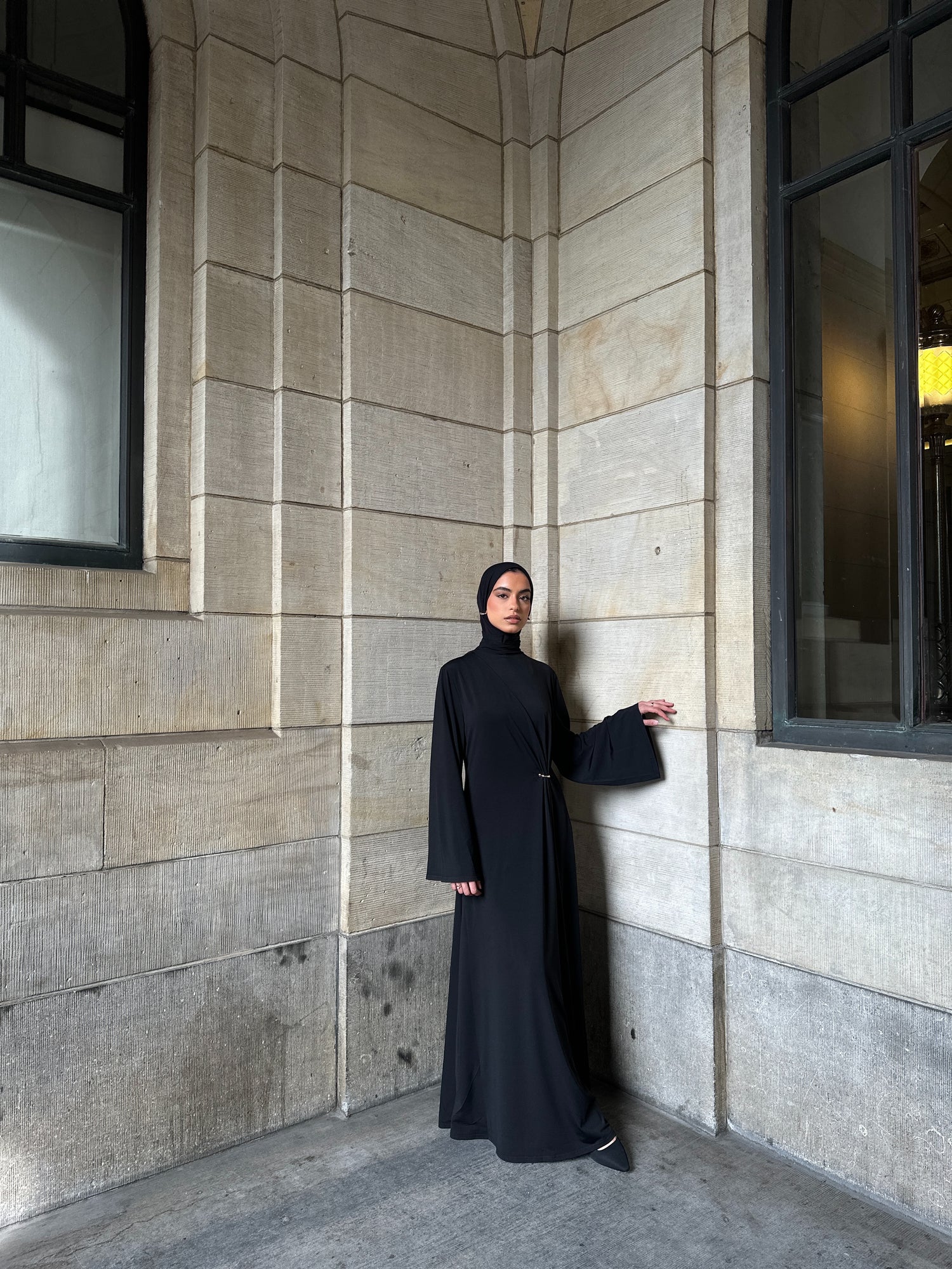 Gathered Black Dress With Gold Ring