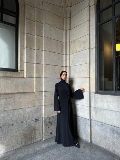 Gathered Black Dress With Gold Ring