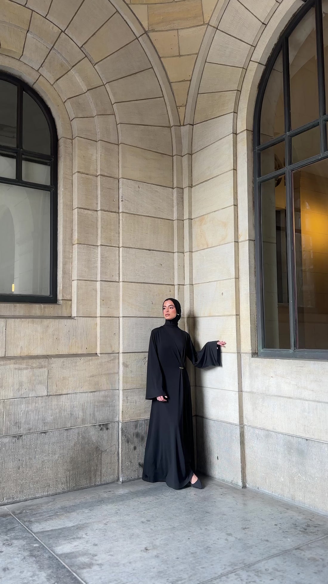 Gathered Black Dress With Gold Ring