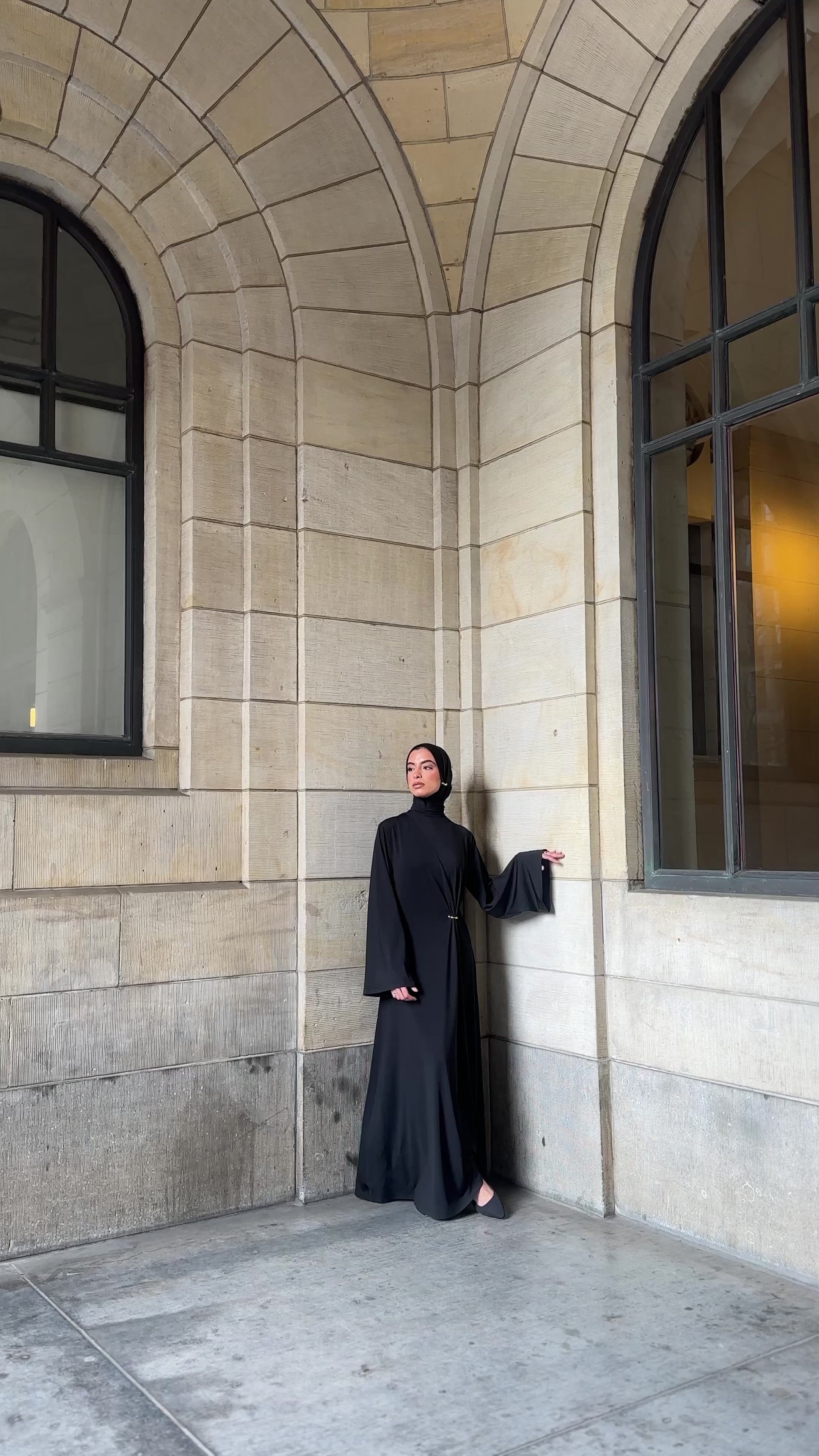 Gathered Black Dress With Gold Ring