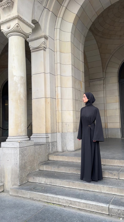 Gathered Black Dress With Gold Ring